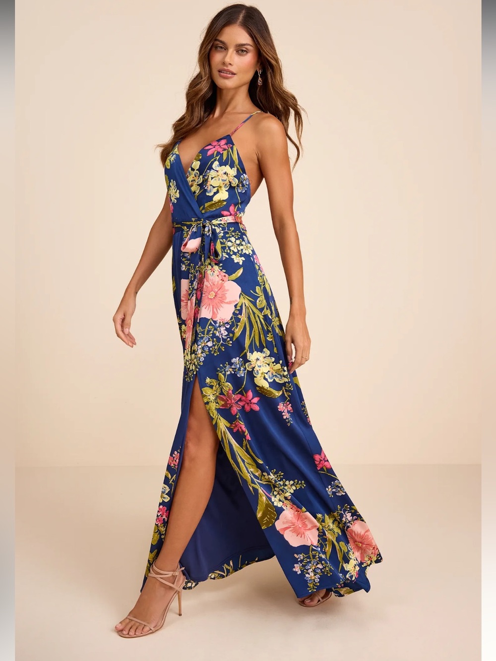 NWT Lulus Still the One Blue Floral Print Satin Maxi Dress Size Large Evening